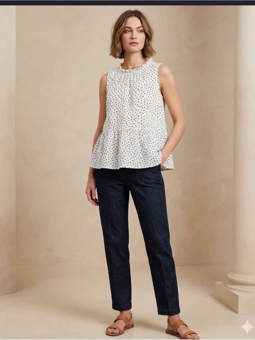 LOFT White Sleeveless Blouse with Small Black Floral Print